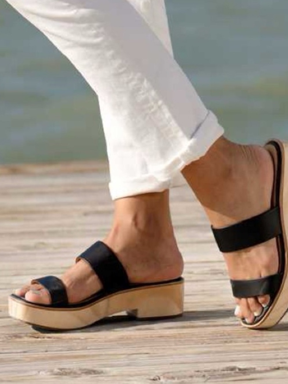Nisolo Women’s Black Double-Strap Platform Clog with Natural Sole size 11